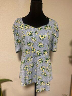 Romantic Cottagecore Floral Print Women's Blouse in Blue, Peplum Style, Feminine